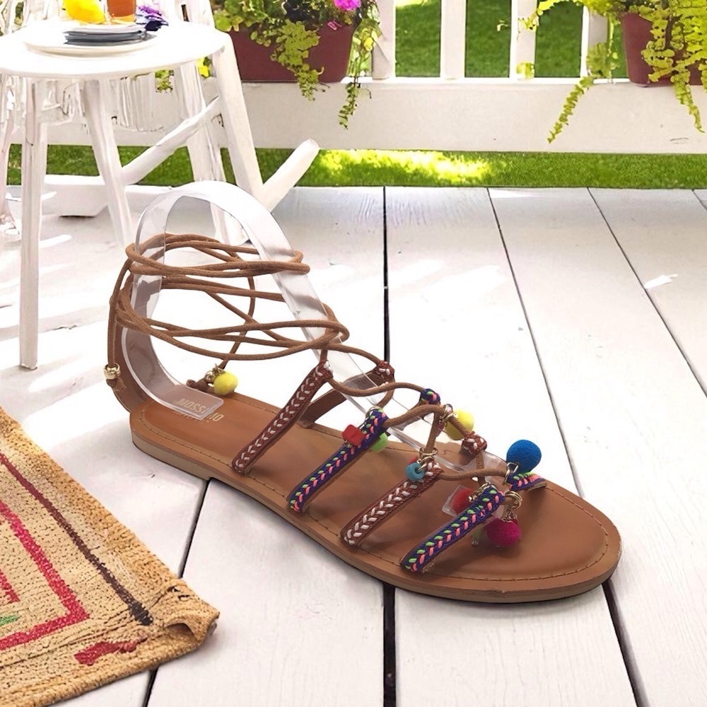 Mossimo Women’s Size 8.5 Gladiator Sandals Brown Boho Beaded Pom Pom Lace Up